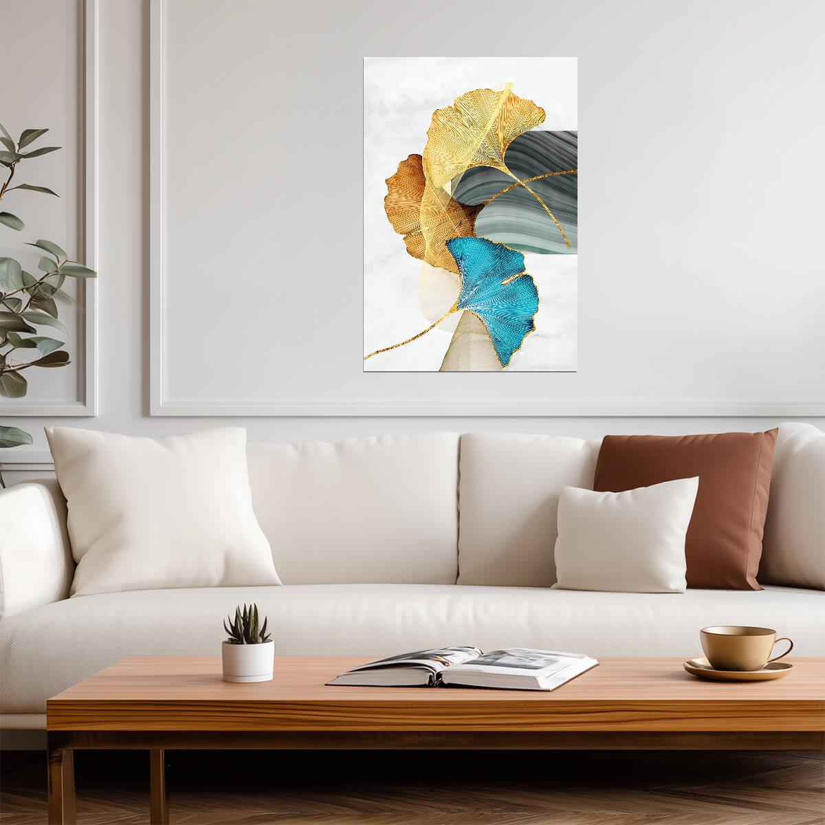 Elegant Ginkgo Leaf Duo | Golden and Blue Botanical Art | Modern Nature Poster