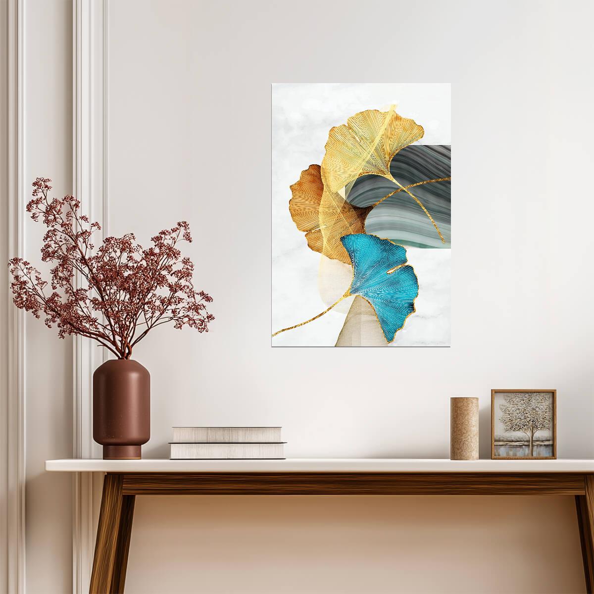 Elegant Ginkgo Leaf Duo | Golden and Blue Botanical Art | Modern Nature Poster