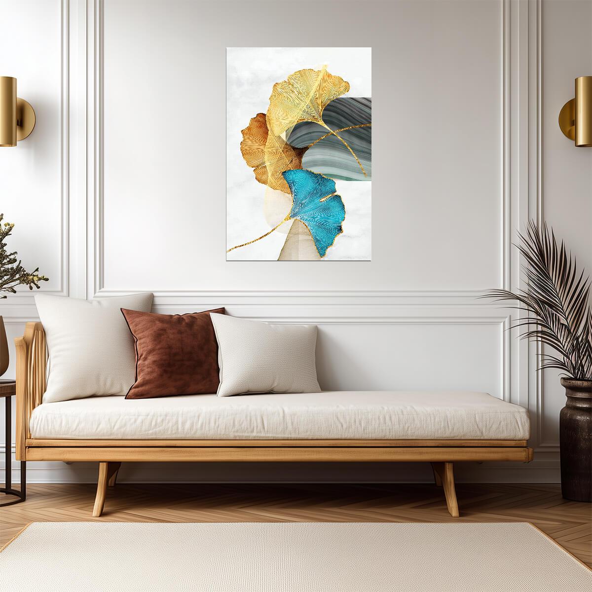 Elegant Ginkgo Leaf Duo | Golden and Blue Botanical Art | Modern Nature Poster