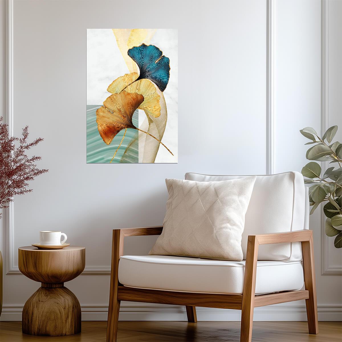 Minimalist Golden and Blue Ginkgo | Modern Botanical Art | Nature Wall Poster
