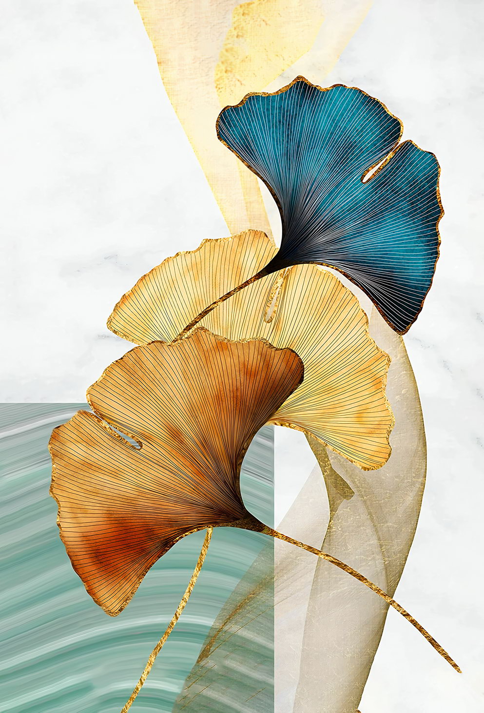 Minimalist Golden and Blue Ginkgo | Modern Botanical Art | Nature Wall Poster