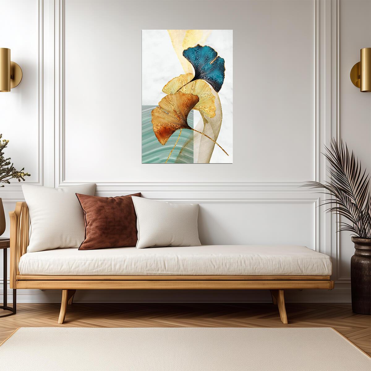 Minimalist Golden and Blue Ginkgo | Modern Botanical Art | Nature Wall Poster