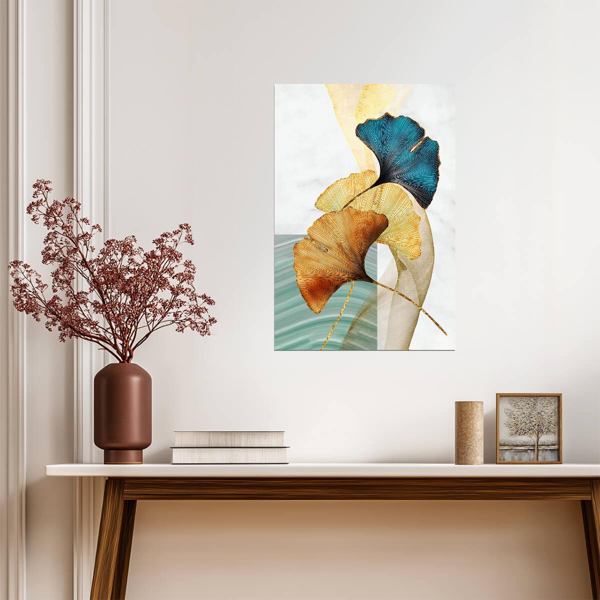 Minimalist Golden and Blue Ginkgo | Modern Botanical Art | Nature Wall Poster