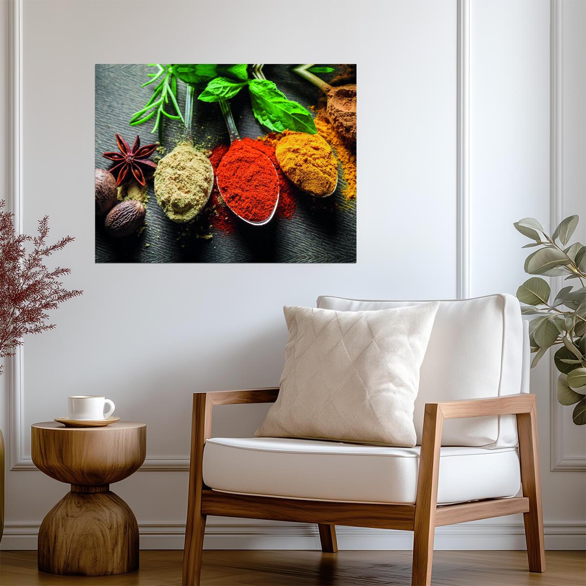 Assorted Spices in Spoons | Culinary Photography Print | Vibrant Kitchen Poster