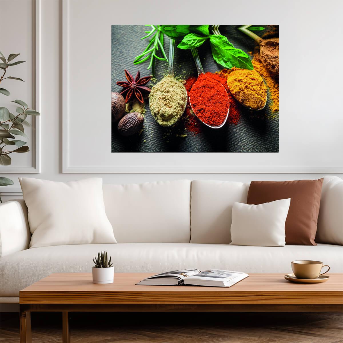 Assorted Spices in Spoons | Culinary Photography Print | Vibrant Kitchen Poster