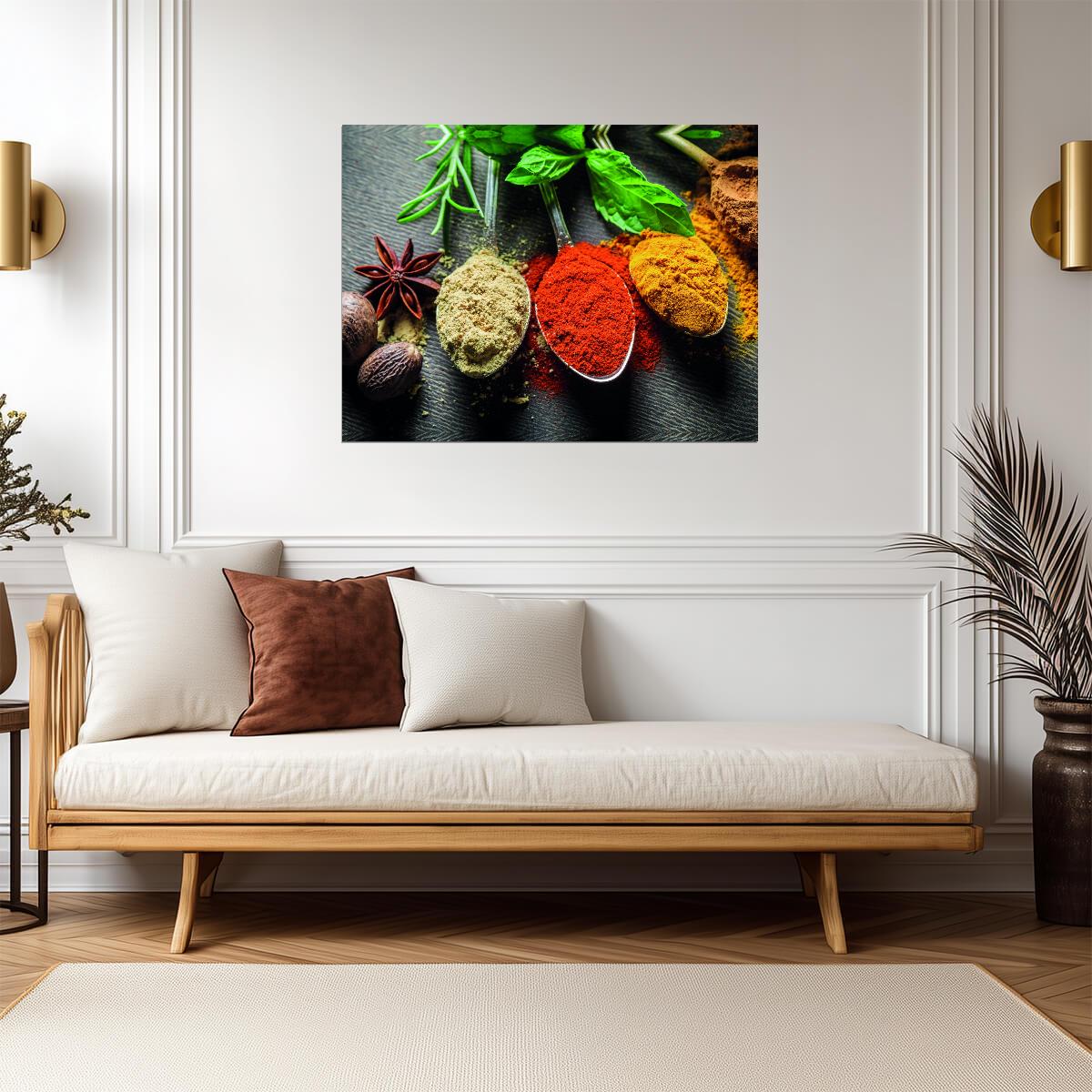 Assorted Spices in Spoons | Culinary Photography Print | Vibrant Kitchen Poster