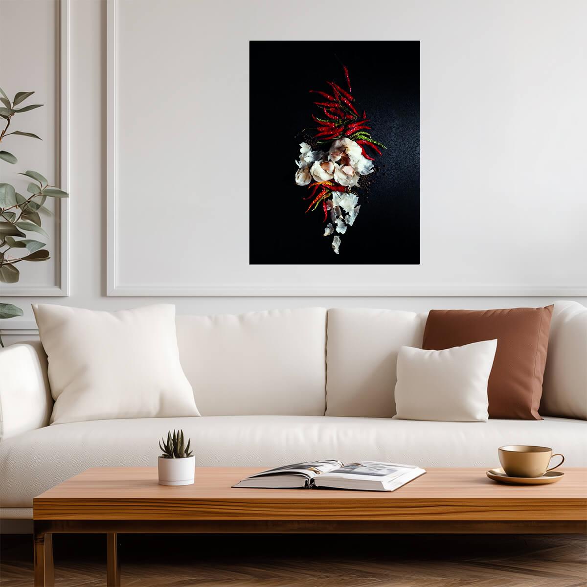 Chili Peppers and Garlic | Spicy Culinary Photography | Rustic Kitchen Poster