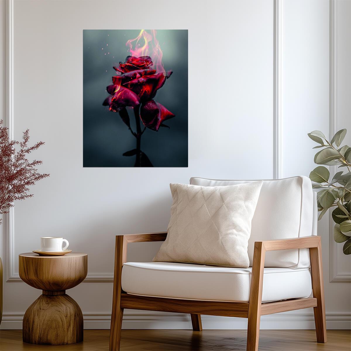 Burning Red Rose | Surreal Floral Art Print | Dramatic Dark Flower Poster