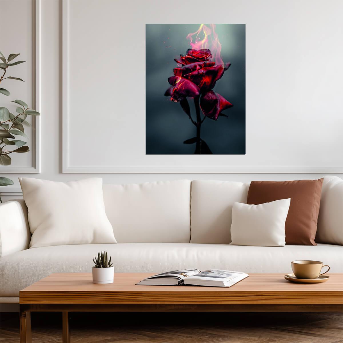 Burning Red Rose | Surreal Floral Art Print | Dramatic Dark Flower Poster