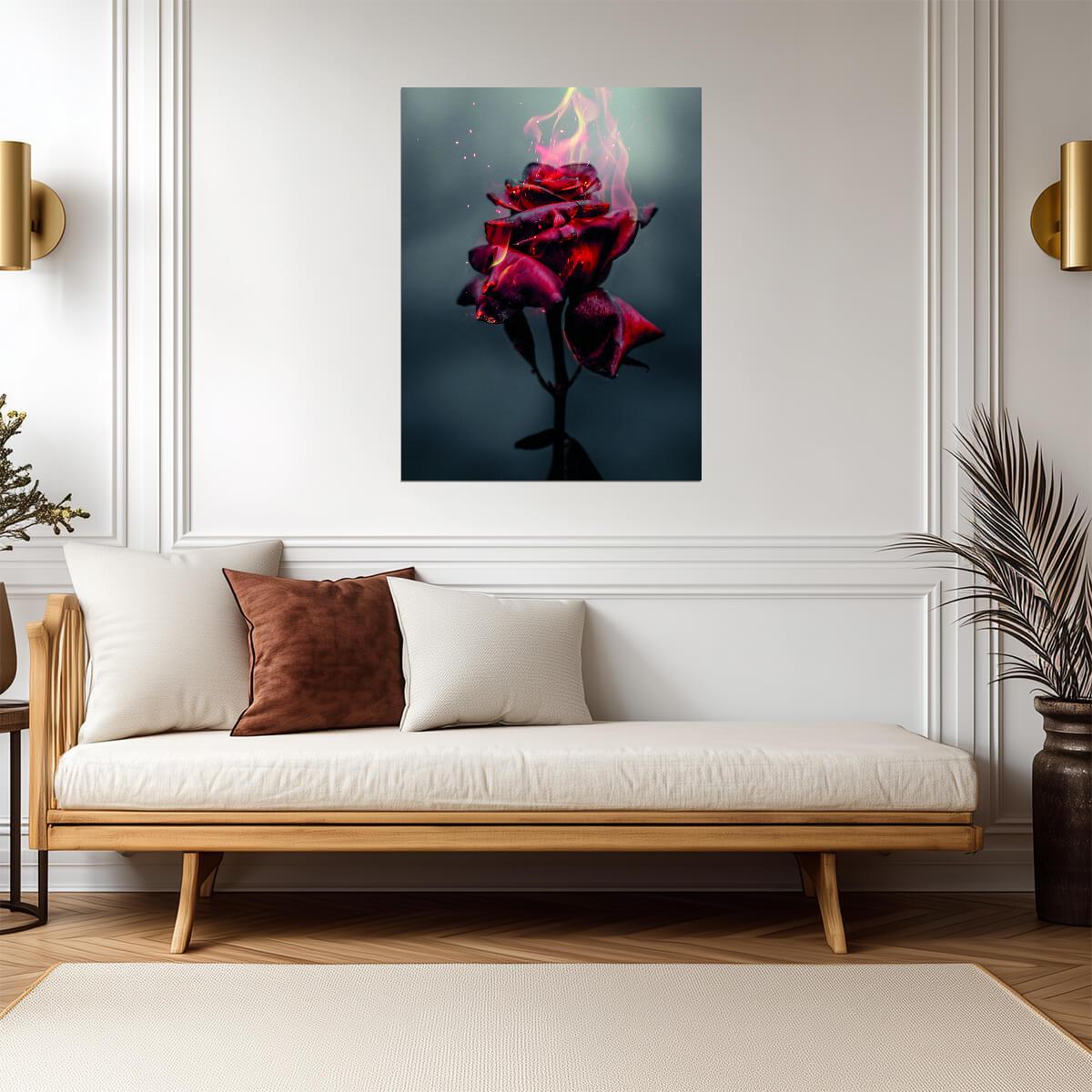 Burning Red Rose | Surreal Floral Art Print | Dramatic Dark Flower Poster