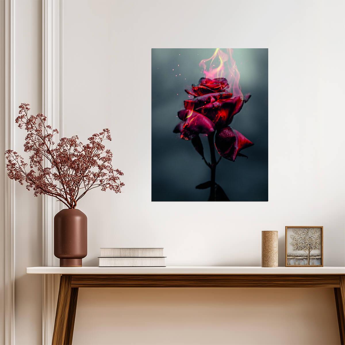 Burning Red Rose | Surreal Floral Art Print | Dramatic Dark Flower Poster