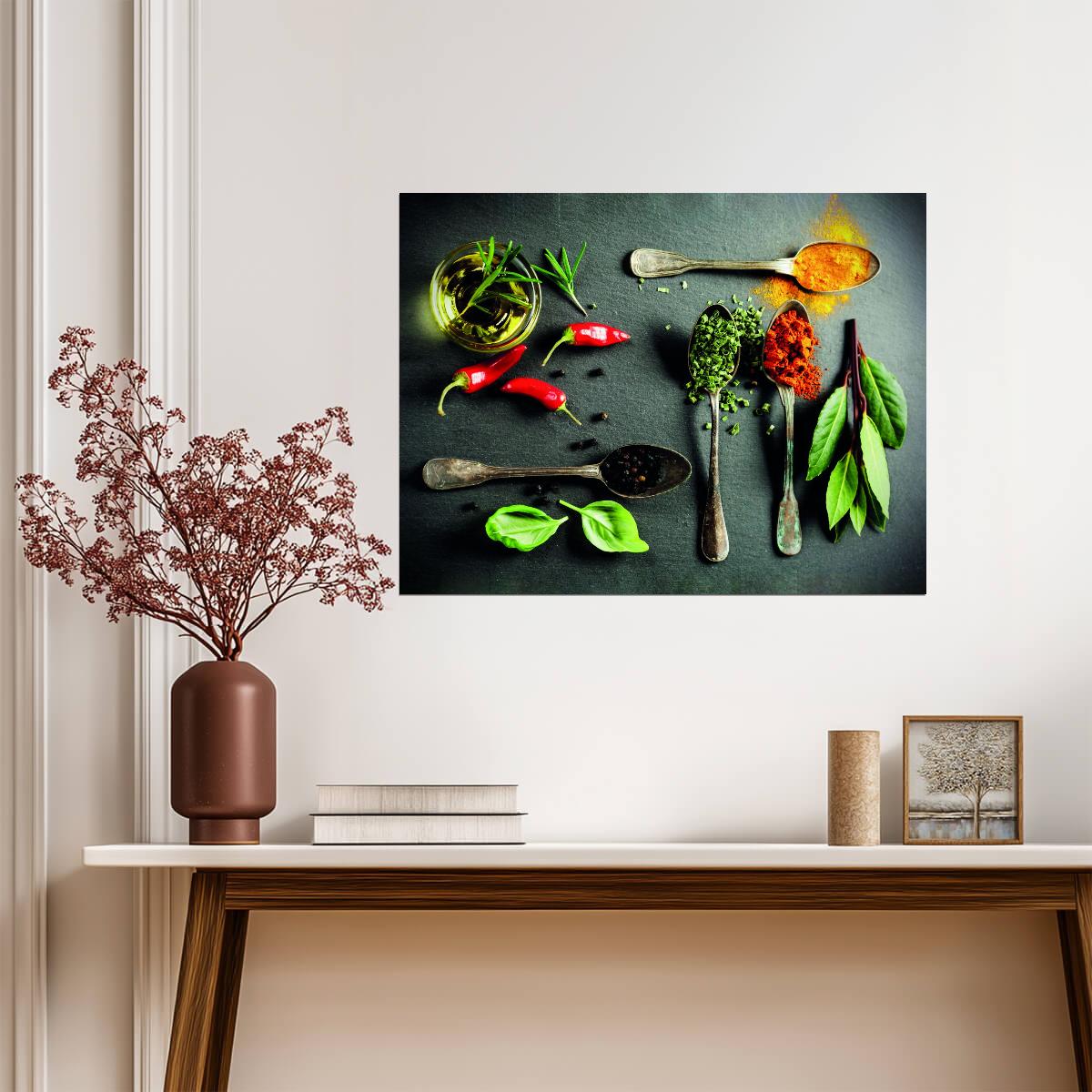 Spices and Fresh Herbs | Culinary Photography | Colorful Rustic Kitchen Poster