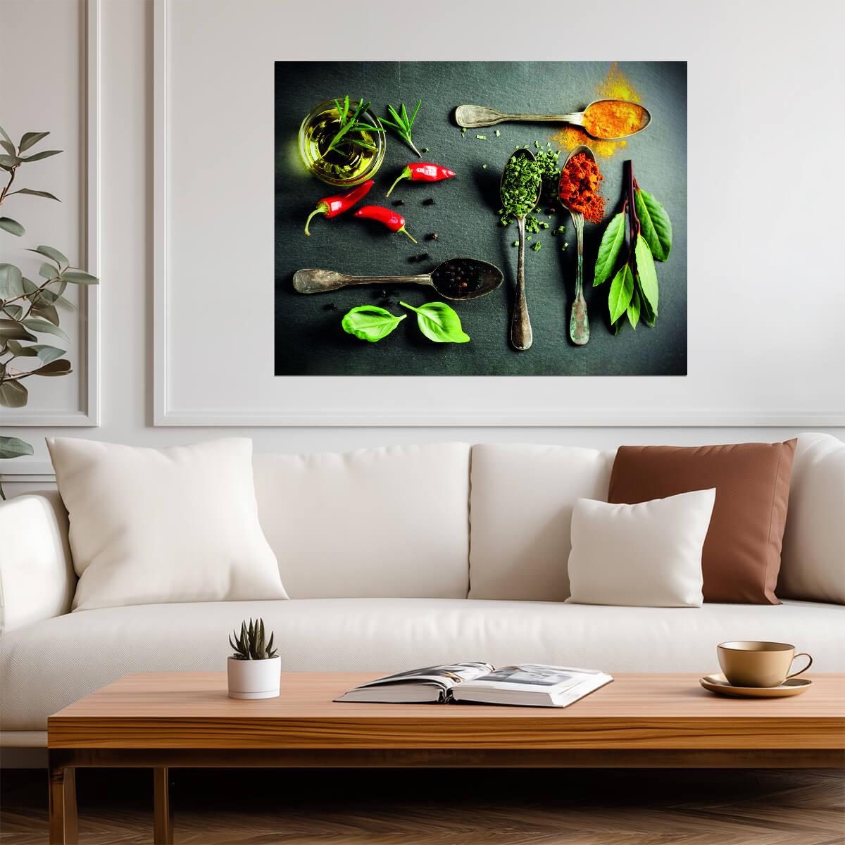 Spices and Fresh Herbs | Culinary Photography | Colorful Rustic Kitchen Poster