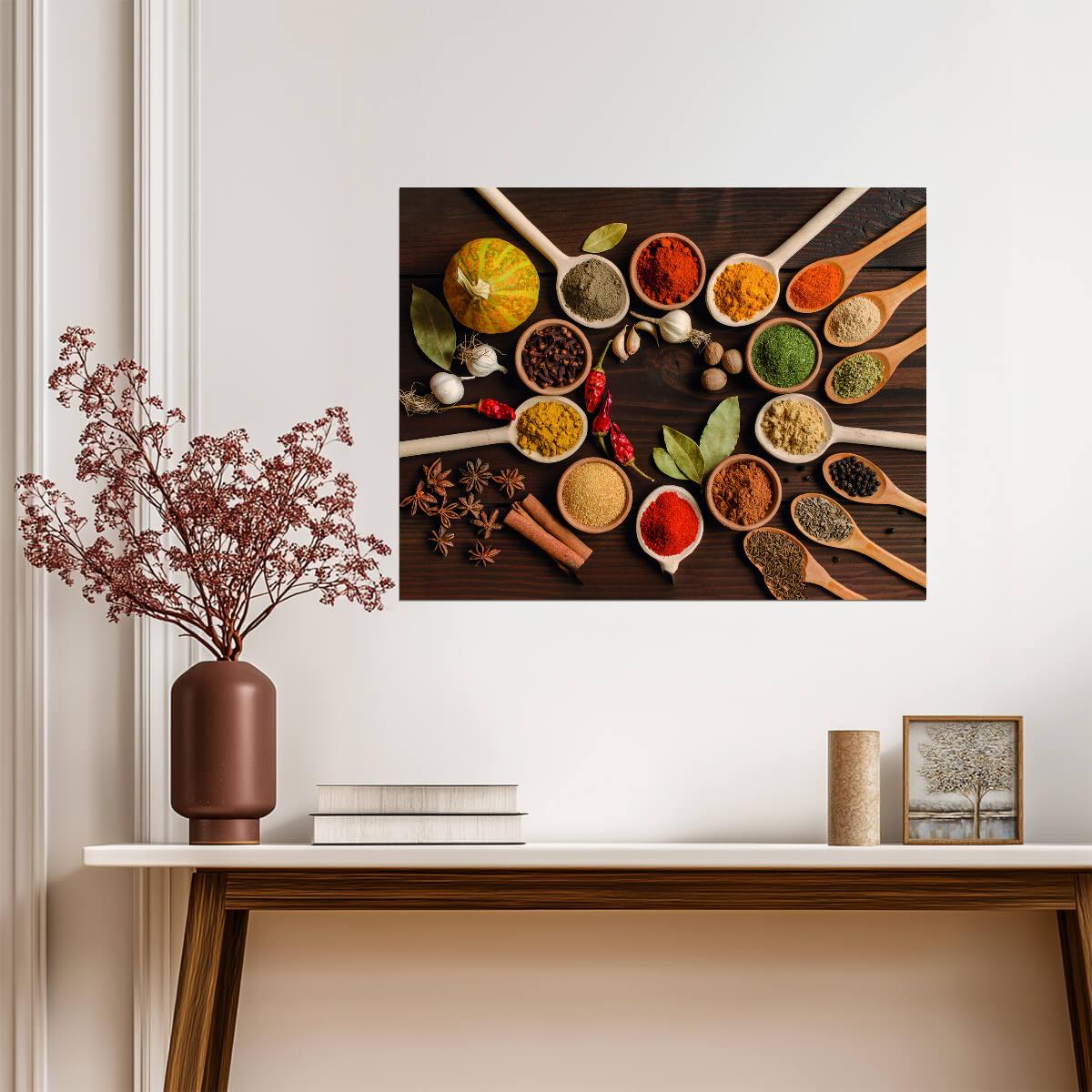 Colorful Spice Assortment | Rustic Culinary Photography | Kitchen Wall Poster