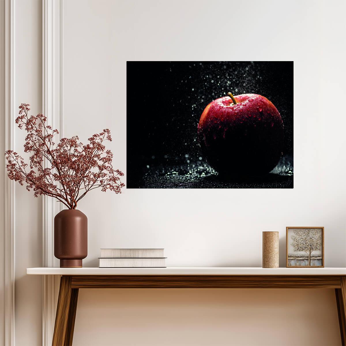 Red Apple with Water Droplets | Dramatic Fruit Photography | Modern Kitchen Poster