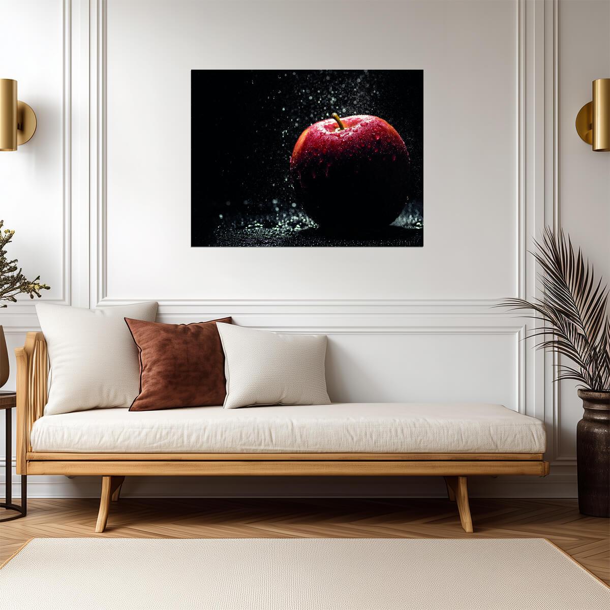 Red Apple with Water Droplets | Dramatic Fruit Photography | Modern Kitchen Poster