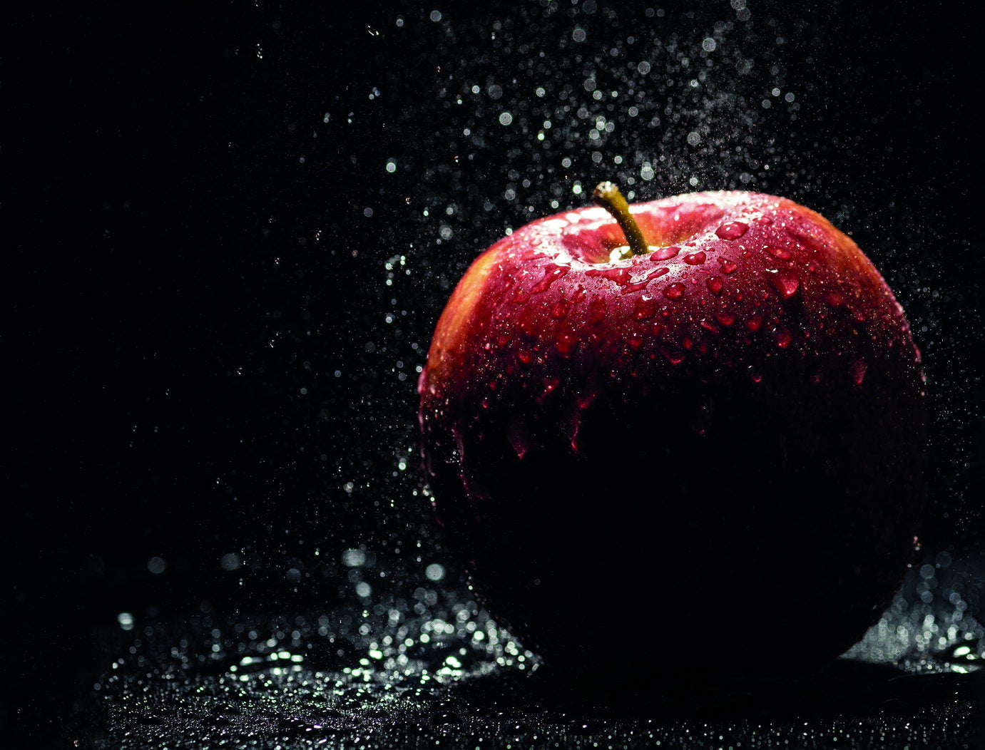 Red Apple with Water Droplets | Dramatic Fruit Photography | Modern Kitchen Poster