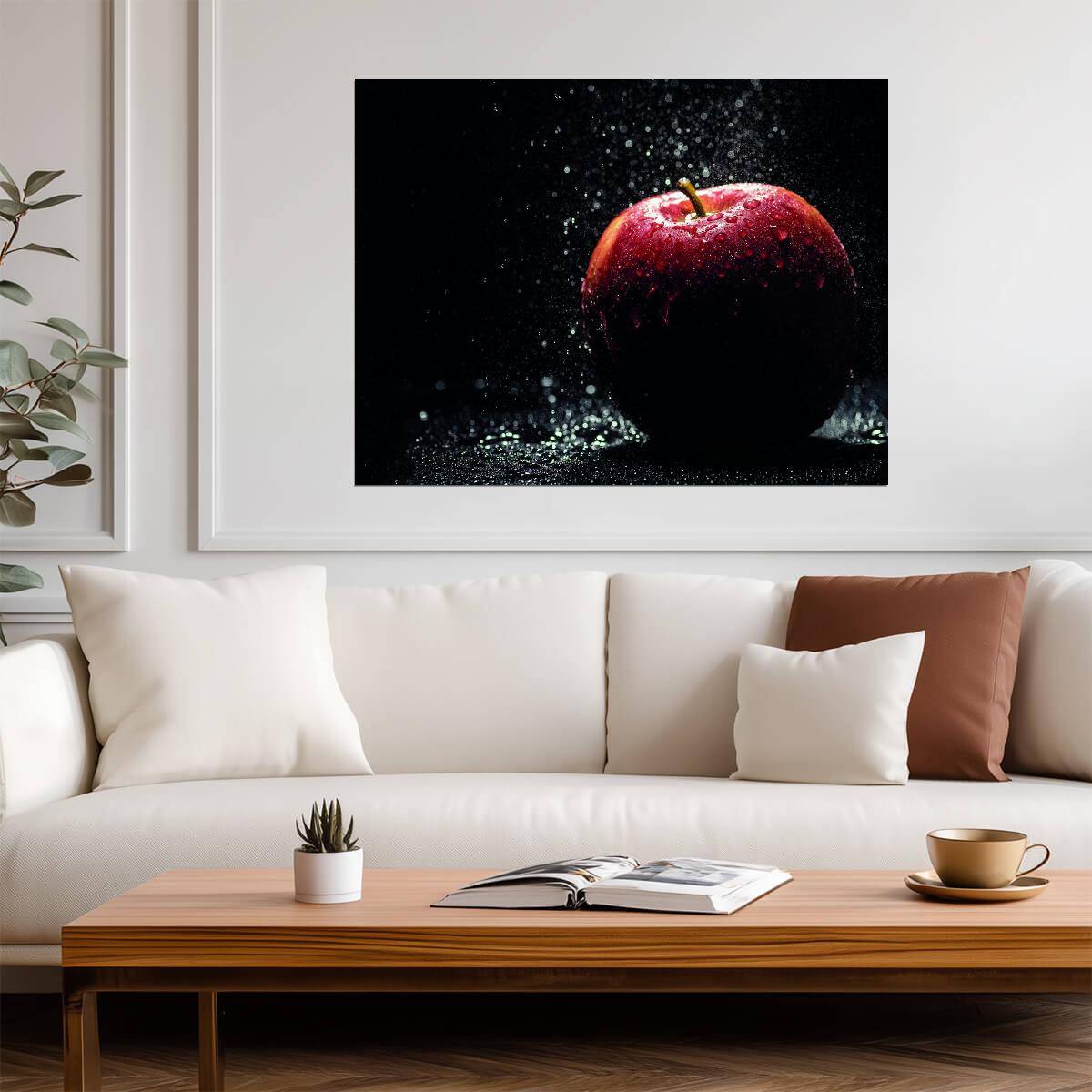 Red Apple with Water Droplets | Dramatic Fruit Photography | Modern Kitchen Poster