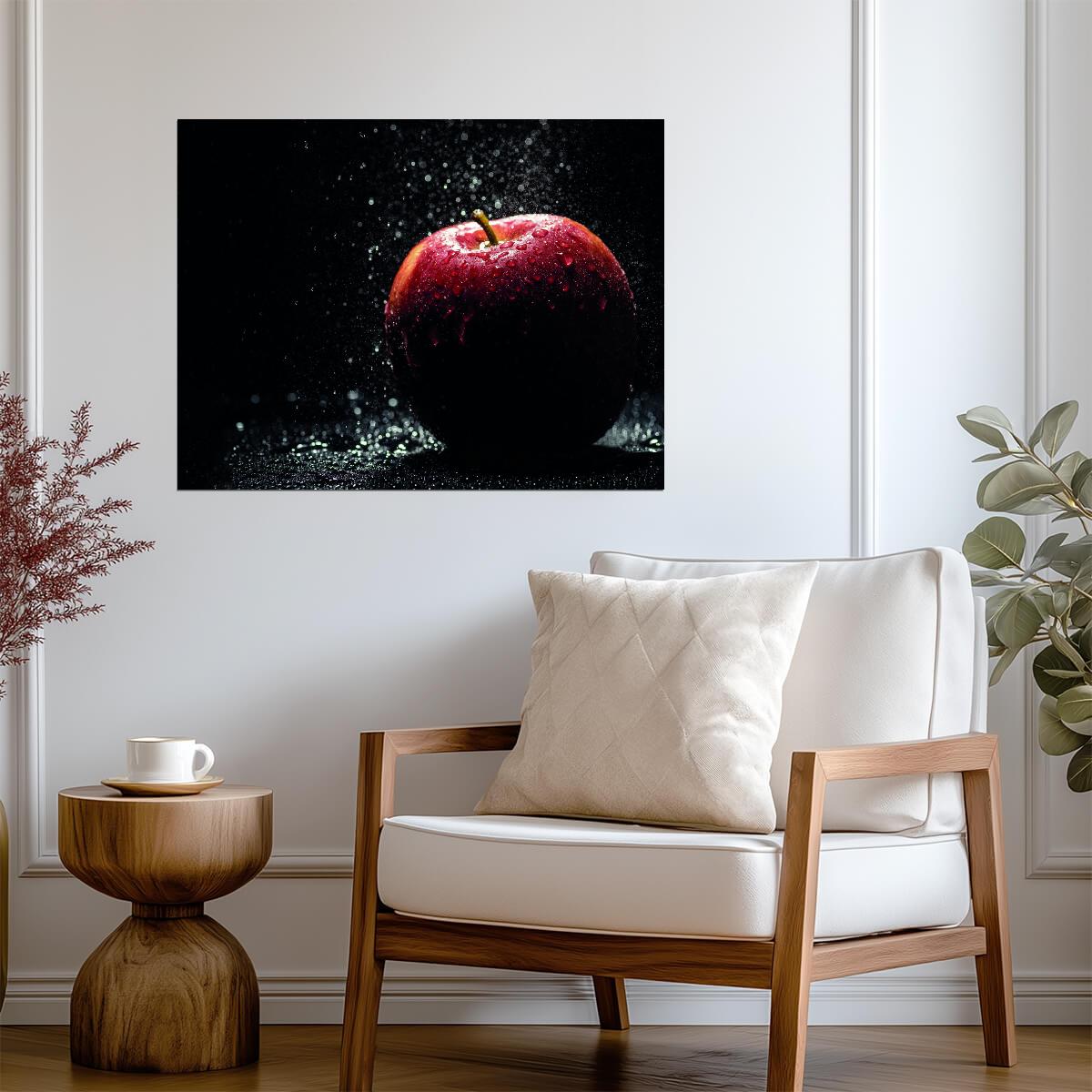 Red Apple with Water Droplets | Dramatic Fruit Photography | Modern Kitchen Poster