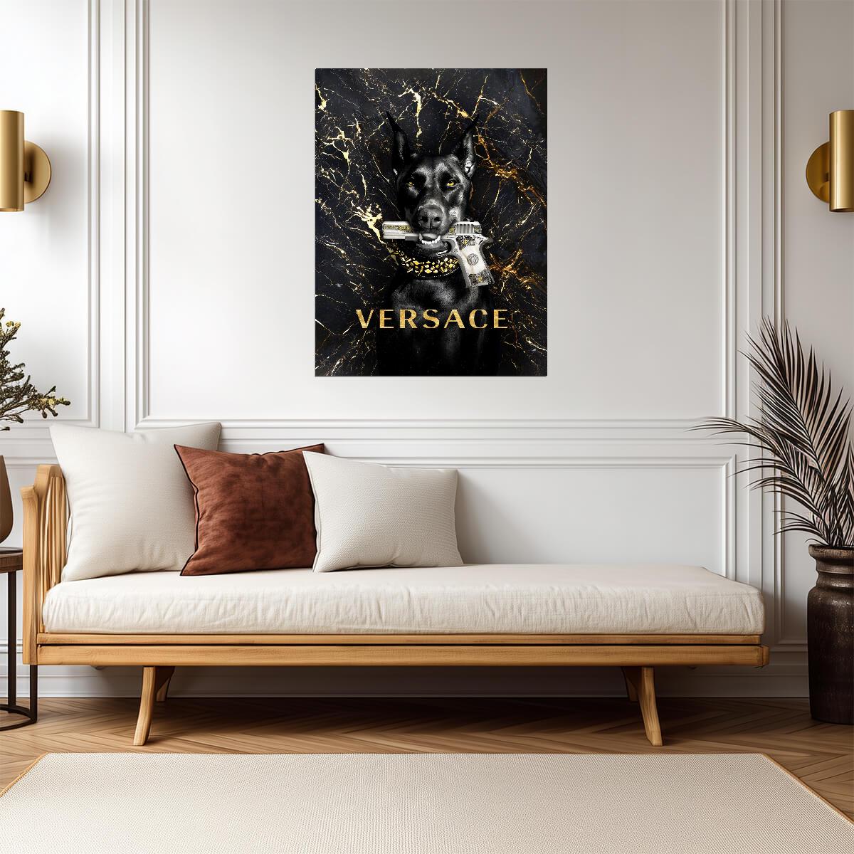 Doberman with Gold Gun | Versace Fashion Parody Art | Luxury Modern Art Poster