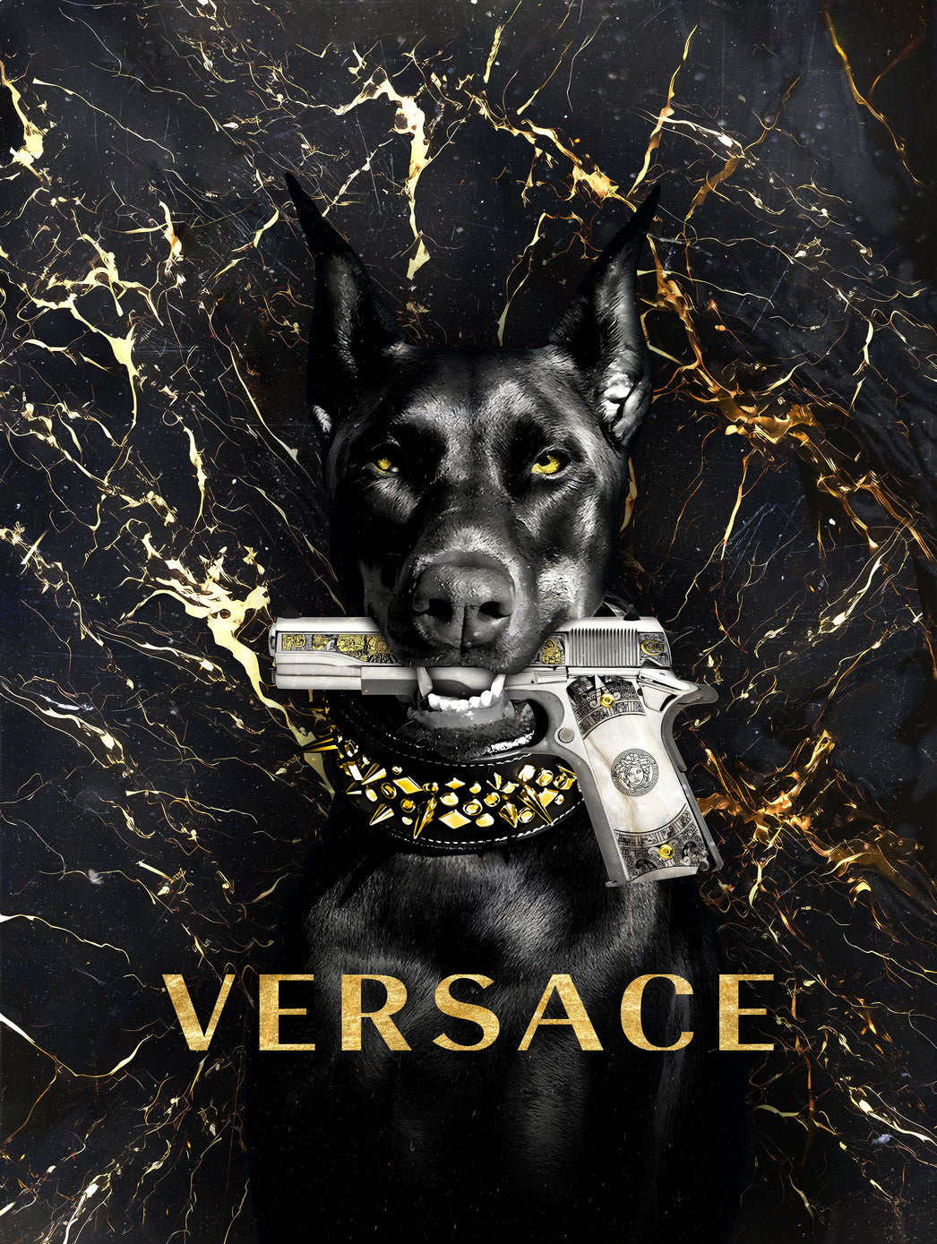 Doberman with Gold Gun | Versace Fashion Parody Art | Luxury Modern Art Poster