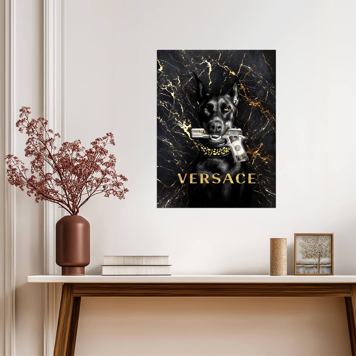 Doberman with Gold Gun | Versace Fashion Parody Art | Luxury Modern Art Poster