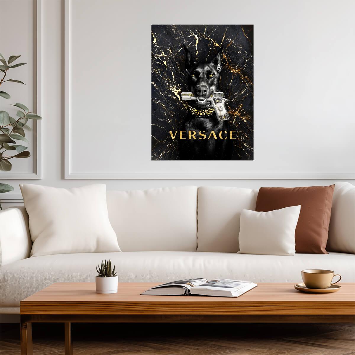 Doberman with Gold Gun | Versace Fashion Parody Art | Luxury Modern Art Poster