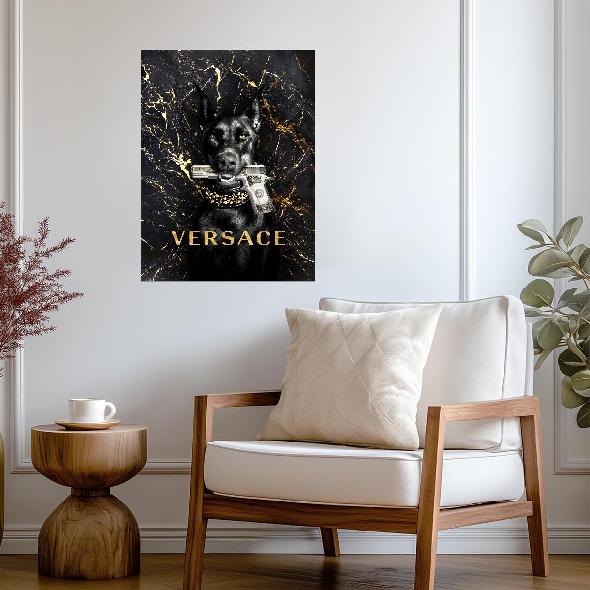 Doberman with Gold Gun | Versace Fashion Parody Art | Luxury Modern Art Poster