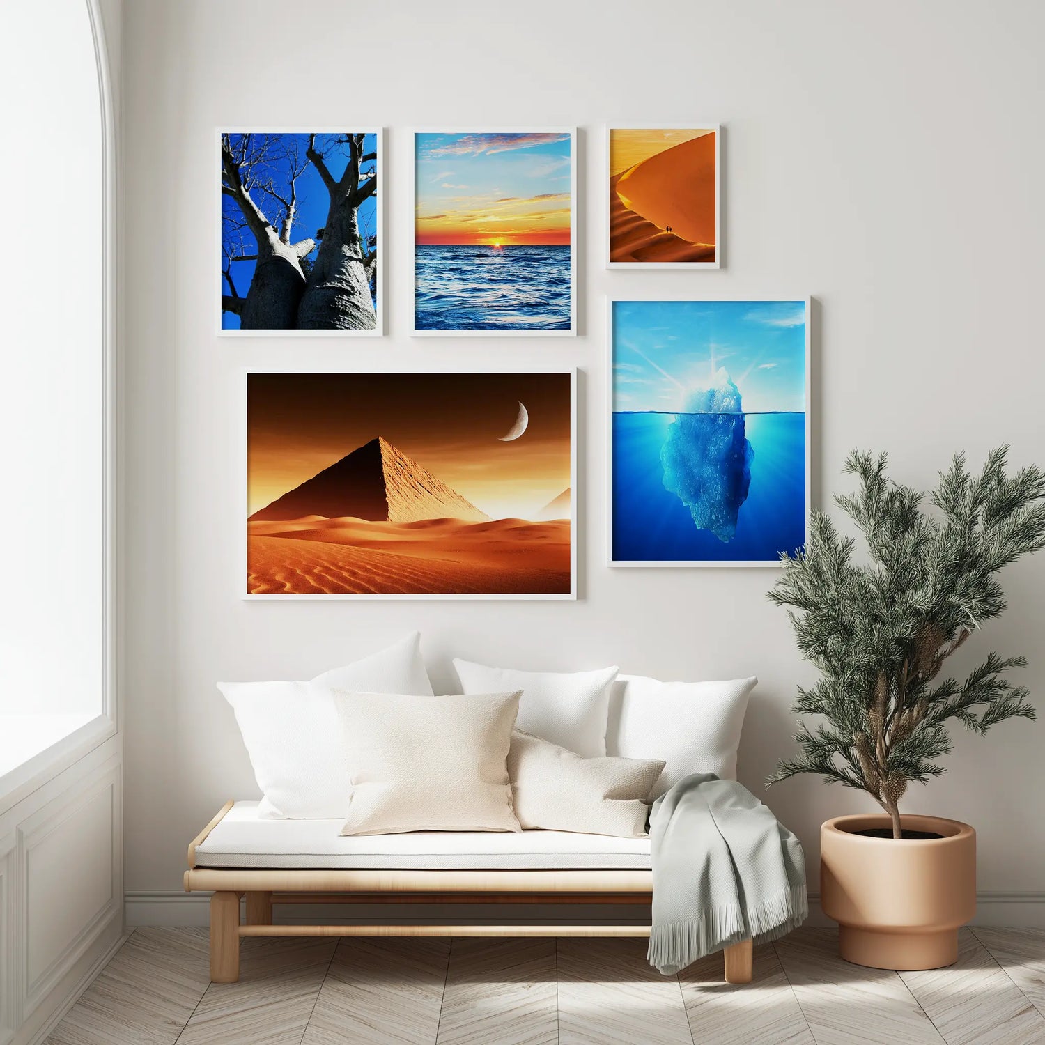 Living room with wall art depicting various landscapes and a plant.