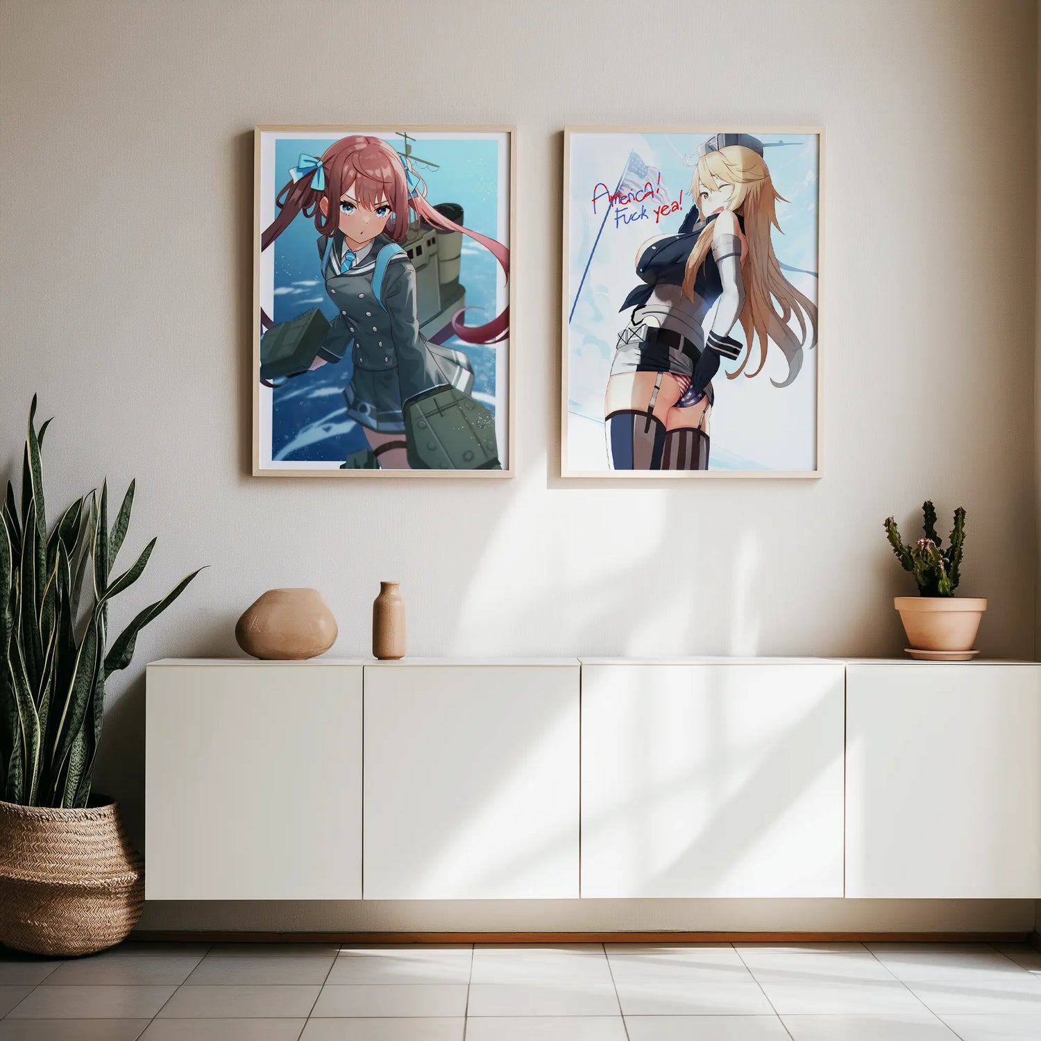 Two anime-style posters on a wall above a white cabinet with decorative items.