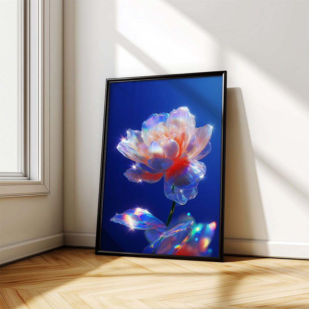 Framed artwork of a colorful flower on a wall with sunlight casting shadows.