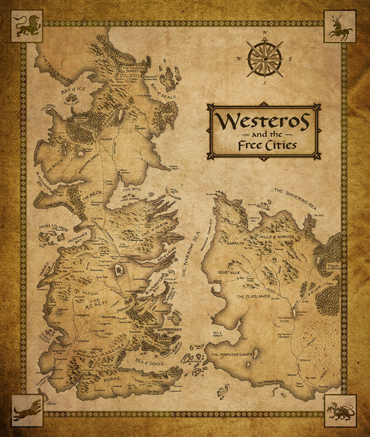 Map of Westeros from Game of Thrones | Vintage Fantasy Map | House Sigils Art Poster