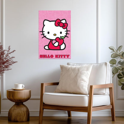 Hello Kitty with Apple | Anime Character Art | Cute Pink Poster for Nursery - For Kids Poster