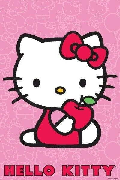 Hello Kitty with Apple | Anime Character Art | Cute Pink Poster for Nursery - For Kids Poster