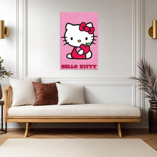 Hello Kitty with Apple | Anime Character Art | Cute Pink Poster for Nursery - For Kids Poster