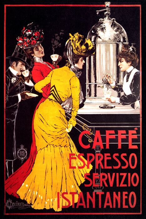 Caffè Espresso Poster | Italian Coffee Bar Scene with Red Dress