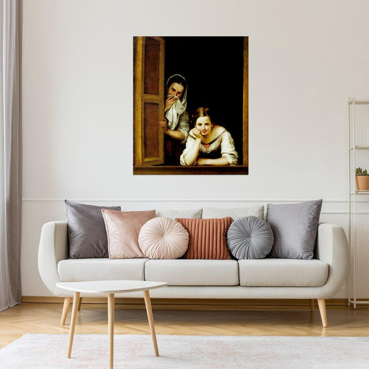 Two Women at a Window | Spanish Baroque Painting by Murillo Poster