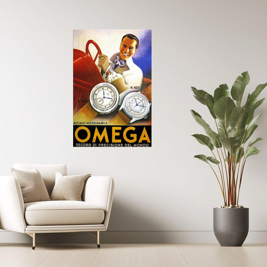 Omega Watch Poster | Vintage Men’s Chronometer with Sports Car