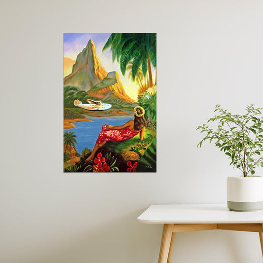 Hawaii Travel | Vintage Hula Dance and Beach Airplane Tourism Art Poster