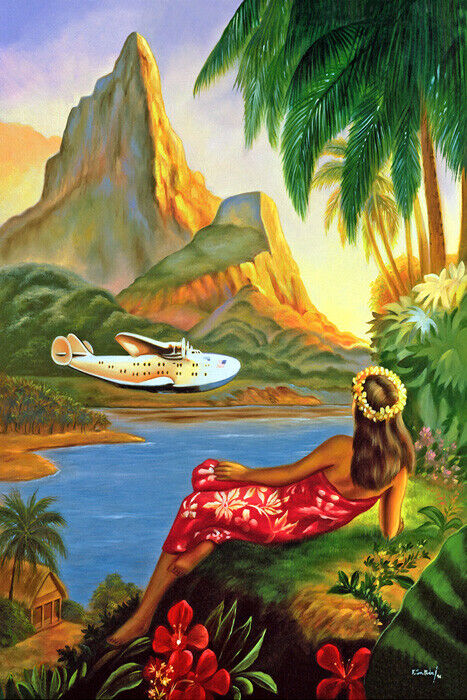Hawaii Travel | Vintage Hula Dance and Beach Airplane Tourism Art Poster