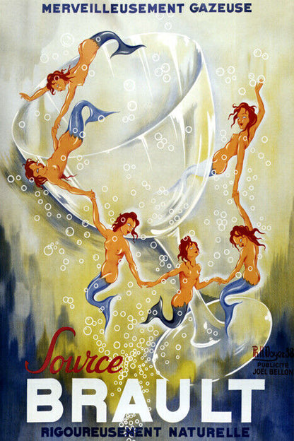 Source Brault | Vintage French Sparkling Water Mermaid Advertisement Poster