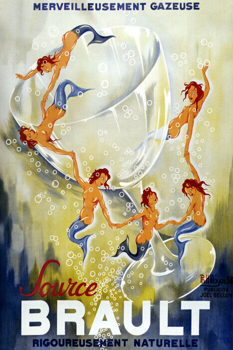 Source Brault | Vintage French Sparkling Water Mermaid Advertisement Poster