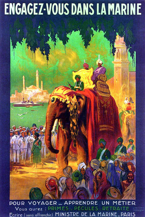 Join the Navy | Vintage French Travel Poster with Elephant in India