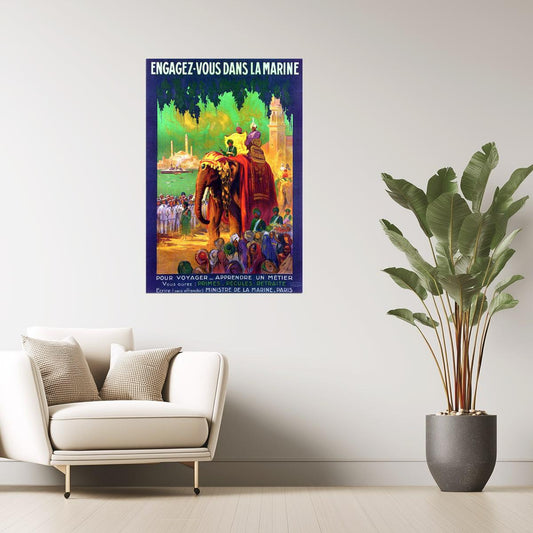 Join the Navy | Vintage French Travel Poster with Elephant in India
