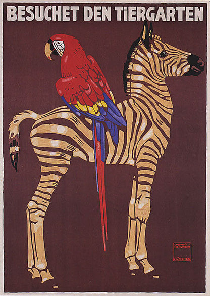 Zoo Visit | Vintage German Poster with Parrot and Zebra Illustration