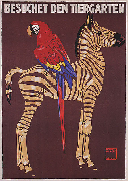 Zoo Visit | Vintage German Poster with Parrot and Zebra Illustration
