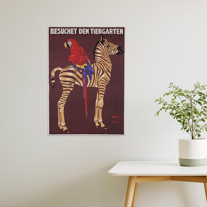 Zoo Visit | Vintage German Poster with Parrot and Zebra Illustration