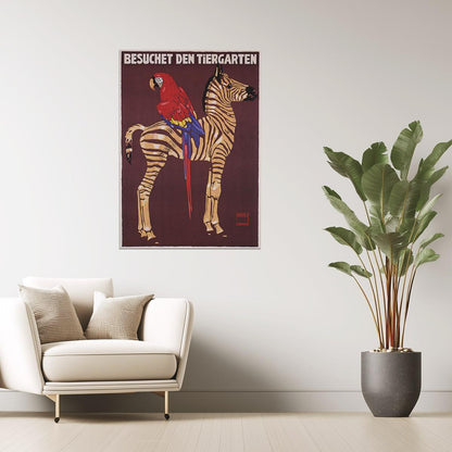 Zoo Visit | Vintage German Poster with Parrot and Zebra Illustration
