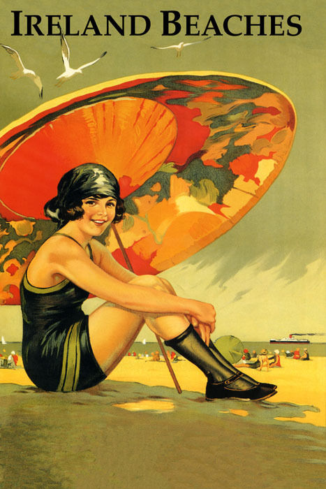 Ireland Beaches | Vintage Irish Travel Poster with Girl and Umbrella