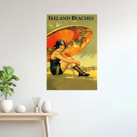 Ireland Beaches | Vintage Irish Travel Poster with Girl and Umbrella